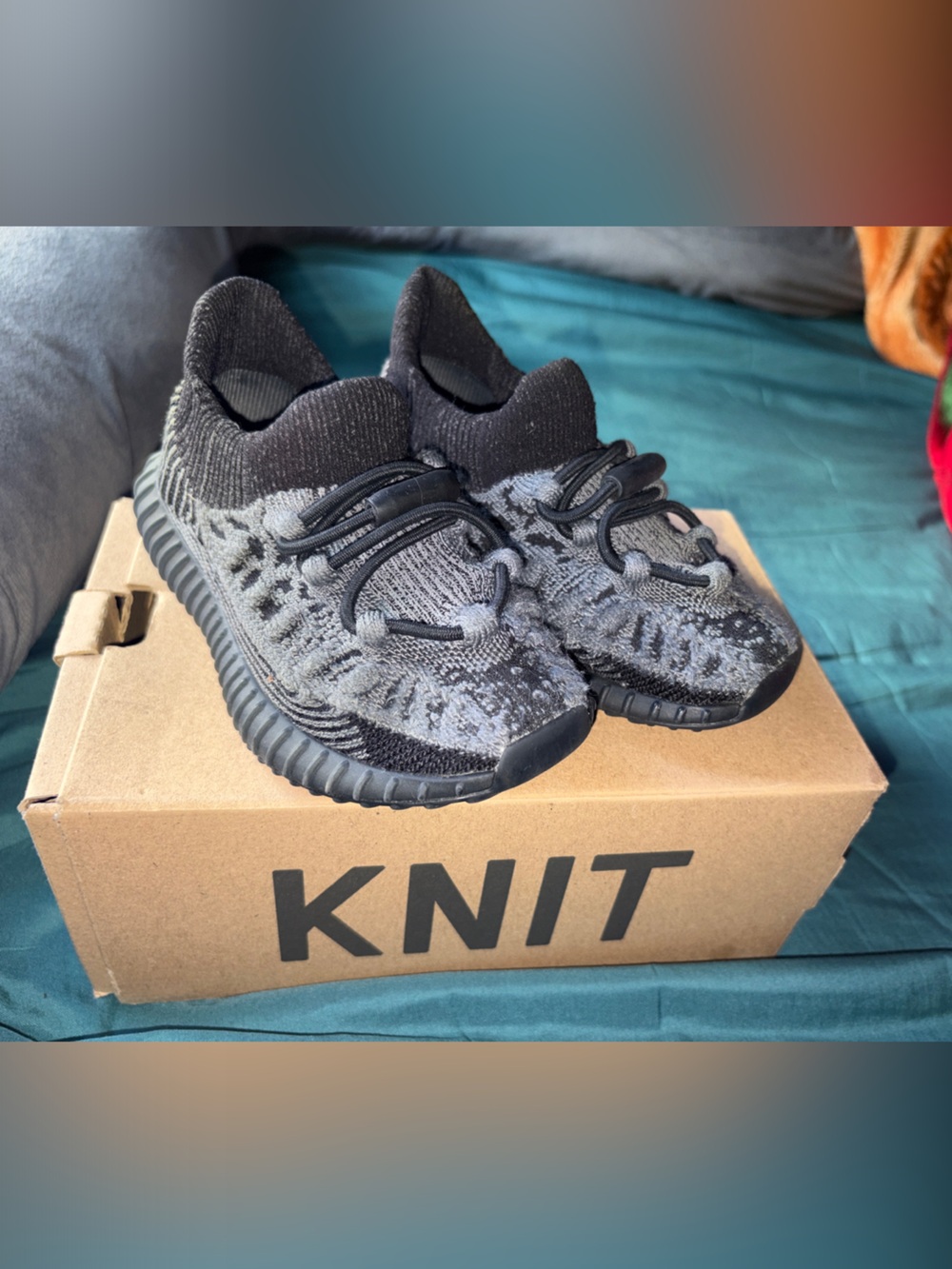 Yeezy Kids Black and Gray Knit Slip-On Sneakers
